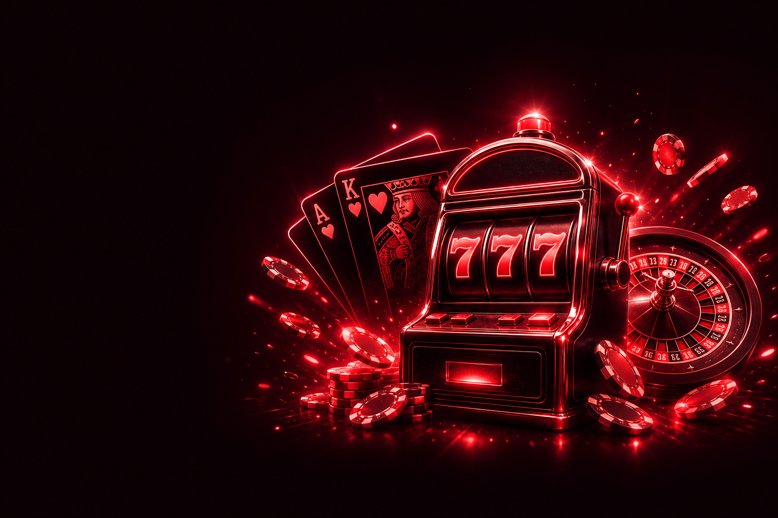 Slot machine, playing cards, roulette wheel and casino chips
